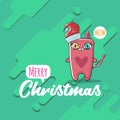 Vector Merry Christmas funky greeting card or banner with kawaii cute Santa Claus cat character with red sant hat Royalty Free Stock Photo