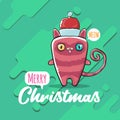 Vector Merry Christmas funky greeting card or banner with kawaii cute Santa Claus cat character with red sant hat Royalty Free Stock Photo