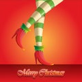 Vector merry christmas greeting card with cartoon elf girls legs and greeting calligraphic text Merry christmas Royalty Free Stock Photo