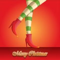 Vector merry christmas greeting card with cartoon elf girls legs and greeting calligraphic text Merry christmas Royalty Free Stock Photo