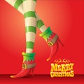 Vector merry christmas greeting card with cartoon elf girls legs and greeting calligraphic text Merry christmas Royalty Free Stock Photo