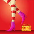 Vector merry christmas greeting card with cartoon elf girls legs and greeting calligraphic text Merry christmas Royalty Free Stock Photo