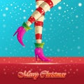 Vector merry christmas greeting card with cartoon elf hot girls legs, falling snow, lights and greeting calligraphic Royalty Free Stock Photo