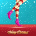 Vector merry christmas greeting card with cartoon elf hot girls legs, falling snow, lights and greeting calligraphic Royalty Free Stock Photo