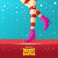 Vector merry christmas greeting card with cartoon elf hot girls legs, falling snow, lights and greeting calligraphic Royalty Free Stock Photo