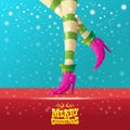 Vector merry christmas greeting card with cartoon elf hot girls legs, falling snow, lights and greeting calligraphic Royalty Free Stock Photo