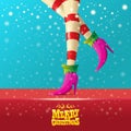 Vector merry christmas greeting card with cartoon elf hot girls legs, falling snow, lights and greeting calligraphic Royalty Free Stock Photo