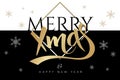 Vector merry christmas greetings card with lettering golden word - xmas - and snowflakes on black and white background