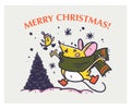 Vector Merry Christmas hand drawn funny mouse character in scarf jump happy, little bird fly and fir tree on white background. Royalty Free Stock Photo