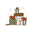 Vector Merry Christmas hand drawn illustration of xmas gift boxes pile on white background. Royalty Free Stock Photo