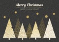 Vector merry Christmas and happy New Year design. Horizontal card with Christmas trees in black, gold and white colors. Royalty Free Stock Photo