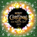 Vector Merry Christmas and Happy New Year 2017. Glowing Christmas wreath made of led lights on the green wooden background. Christ Royalty Free Stock Photo