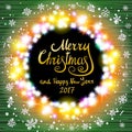 Vector Merry Christmas and Happy New Year 2017. Glowing Christmas wreath made of led lights on the green wooden background. Christ Royalty Free Stock Photo