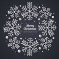 Vector Merry Christmas and Happy New Year greeting card. Silver snowflakes on black background.