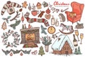 Vector Merry Christmas and Happy New Year linear doodle set with sketch festive elements, icons