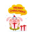 Vector Merry Christmas illustration with cute smiling little pig character in Santa hat holding gift box in flat cartoon style iso Royalty Free Stock Photo