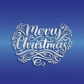 Vector Merry Christmas ornate lettering on blue background. New Year or Nativity pattern typography.