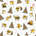 Vector Merry Christmas seamless pattern with hand drawn happy mice characters isolated. Mouse celebrate happy, jump, carry gifts.