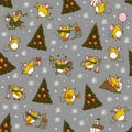 Vector Merry Christmas seamless pattern with hand drawn happy mice characters isolated.