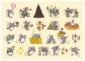 Vector Merry Christmas set of hand drawn happy mice characters isolated.