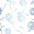 Vector Metallic Blue Sunflower Lineart seamless pattern background. Perfect for fabric, scrapbooking and wallpaper