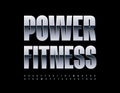 Vector Metallic Emblem Power Fitness. Elegant Silver Font. Trendy Steel Alphabet Letters and Numbers set Royalty Free Stock Photo