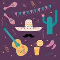 Vector Mexican party set. Flags, maracas, guitar, stars, cactus, sombrero, mustache, tequila and lemon, red hot pepper. Royalty Free Stock Photo