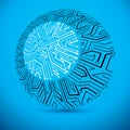 Vector microchip design, cpu. Information communication technology element, circuit board in round shape with arrows.