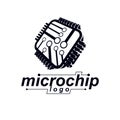 Vector microchip design, cpu. Information communication technology element, circuit board in square shape. Microprocessor scheme Royalty Free Stock Photo