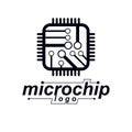 Vector microchip design, cpu. Information communication technology element, circuit board in square shape. Microprocessor scheme Royalty Free Stock Photo