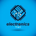 Vector microchip design, cpu. Information communication technology element, circuit board in square shape. Microprocessor scheme Royalty Free Stock Photo