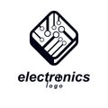Vector microchip design, cpu. Information communication technology element, circuit board in square shape. Microprocessor scheme Royalty Free Stock Photo