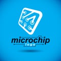 Vector microchip design, cpu. Information communication technology element, circuit board in square shape. Microprocessor scheme Royalty Free Stock Photo