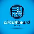 Vector microchip design, cpu. Information communication technology element, circuit board in square shape. Microprocessor scheme Royalty Free Stock Photo