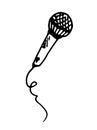 Vector microphone. isolated piece of music equipment, microphone with twisted wire, hand-drawn in doodle style with black line on