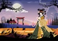 Vector Mid Autumn Festival with fairy Chang`e, The Chinese Goddess of the Moon with rabbit jade, Autumn landscapes with Chinese