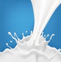 Vector milk splash with splashes isolated on a blue background. Royalty Free Stock Photo