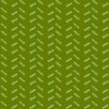 Vector mimicking folk herringbone stitching repeat seamless pattern. Light blue hand drawn tribal lines and stripes, on green