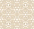 Vector minimal geometric seamless pattern. Abstract golden texture with hexagonal grid, curved lines, circles, floral silhouettes Royalty Free Stock Photo