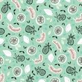 Vector mint white and pink tropical fruits seamless pattern background