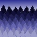 Vector misty spruce forest landscape. Brush silhouettes of coniferous trees. Vector violet illustration.