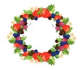 Vector mixed cherry and berry wreath frame. Design for tea, natural cosmetics, beauty store, dessert menu, organic