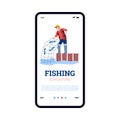 Vector mobile phone screen with app for adventure for fishers in fishing season.