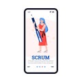 Vector mobile phone screen with female scrum team character.