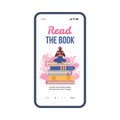 Vector mobile phone screen with girl literature fan or student reading book Royalty Free Stock Photo