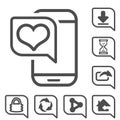 Vector mobile, smartphone. Communication icons of download, share. Line symbols with heart, like, back home, upload, locked lock,