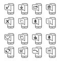 Vector mobile, smartphone. Communication icons of download, share. Line symbols with heart, like gesture, move hand, check mark ok Royalty Free Stock Photo