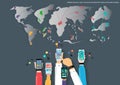 Vector mobile and travel the world map of business communication, trading, marketing and global business icon flat design Royalty Free Stock Photo