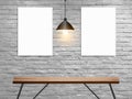 Vector Mock up poster on white brick wall in interior with wood table Royalty Free Stock Photo