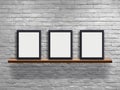 Vector mock up three blank frame on wood shelf with white brick wall
